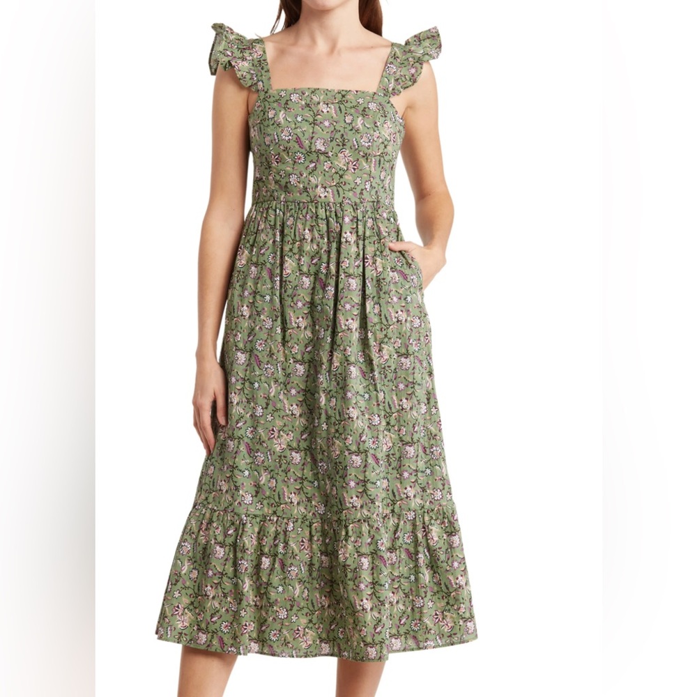 Maisie Green Floral Flutter Sleeve Midi Dress